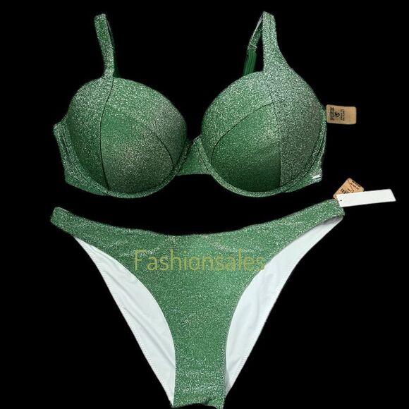 Victorias Secret Swim Shimmer Push up Padded Bikini top & Bottom Set Green XL - Picture 1 of 3